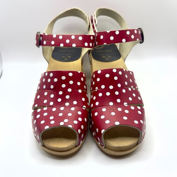 Red & White Polka Dot Wooden Clogs Heels Sandals Peep Toe Leather Womens 8.5 39 - Picture 2 of 6